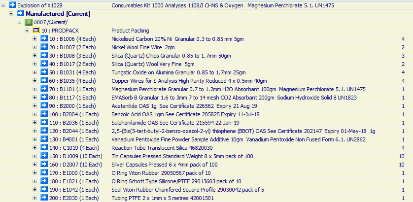 Consumables Kit 1000 Analyses 1108/I CHNS & Oxygen 

Magnesium Perchlorate 5.1. UN1475
SODIUM HYDROXIDE, SOLID, 8, UN1823
Vanadium Pentoxide Non Fused Form 6.1. UN2862