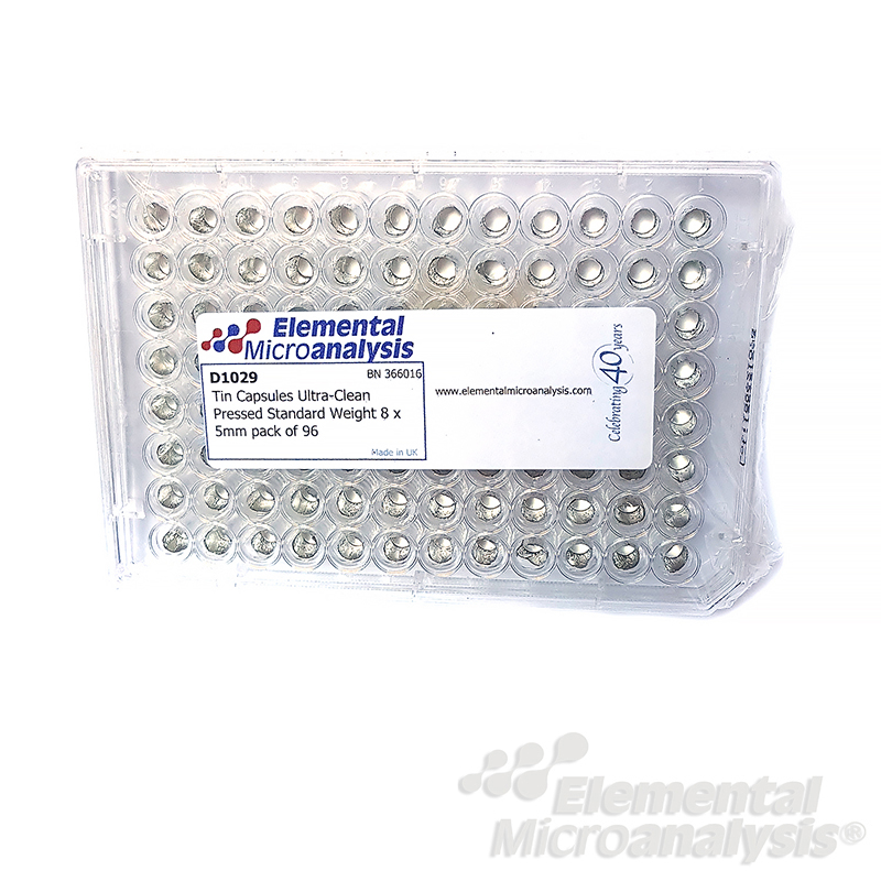 Tin Capsules Ultra-Clean Pressed Standard Weight 8 x 5mm, Multiwell plate of 96 capsules