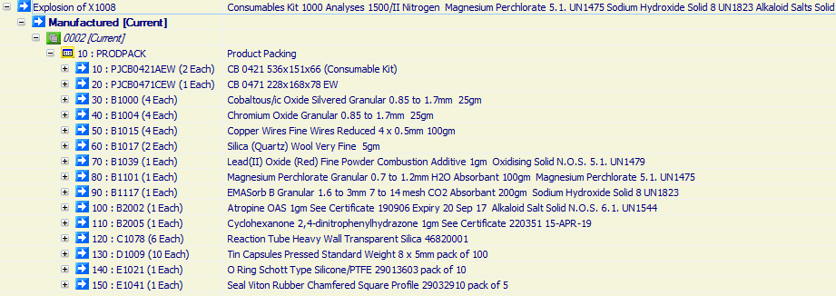Consumables Kit 1000 Analyses 1500/II Nitrogen 
Magnesium Perchlorate 5.1. UN1475
Sodium Hydroxide Solid 8 UN1823
Alkaloid Salts Solid N.O.S. 6.1. UN1544
Lead Compounds Soluble N.O.S. 6.1. UN2291