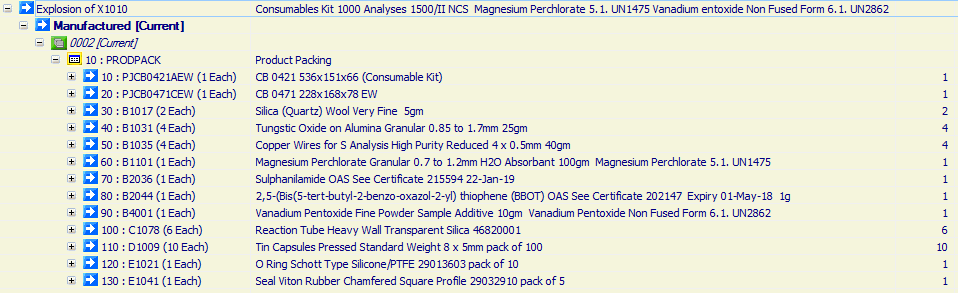 Consumables Kit 1000 Analyses 1500/II NCS 
Magnesium Perchlorate 5.1. UN1475
Vanadium entoxide Non Fused Form 6.1. UN2862
